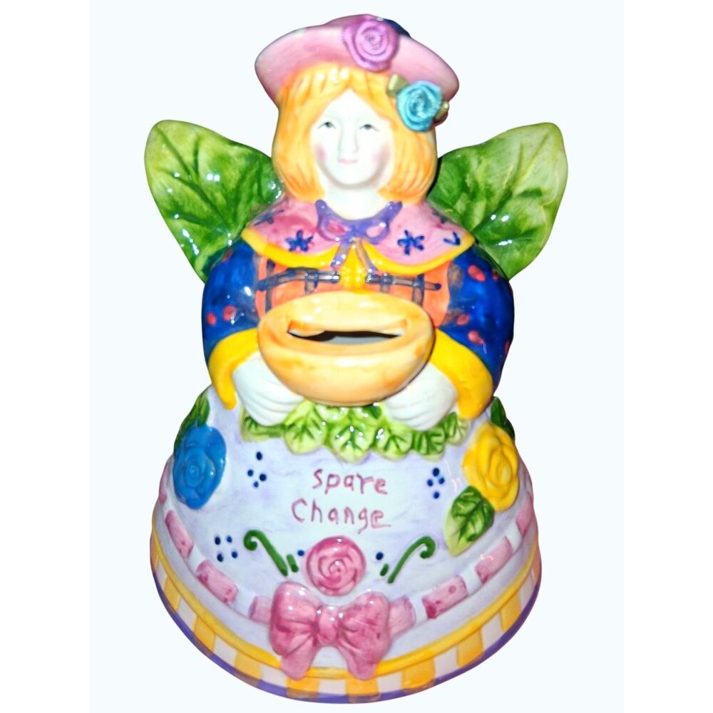 Hand-Painted Ceramic Angel Fairy Coin Bank "Spare Change" Decorative Collectible